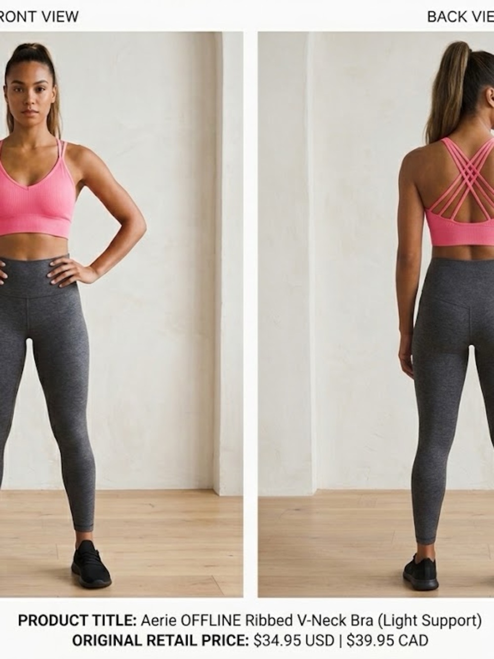 aerie Ribbed V-Neck Sports Bra in Pink with Strappy Back